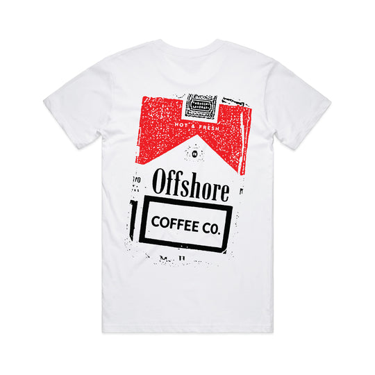 Back of the Cigs Tee in white: the red and black Hot & Fresh Offshore Coffee Co. pack design printed full size