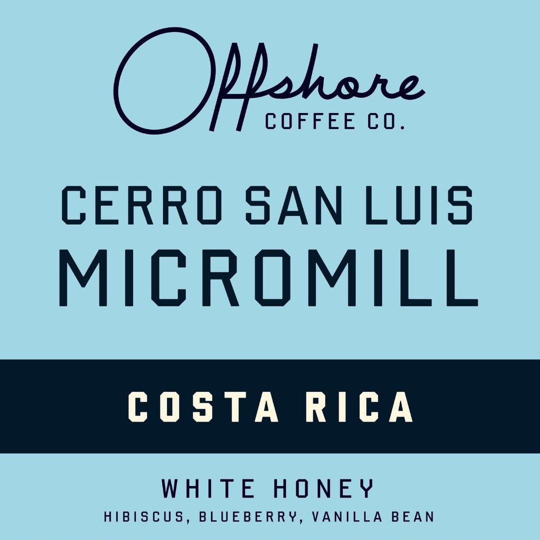 Offshore Coffee Co. label for Cerro San Luis Micromill from Costa Rica with flavor notes and color indicators.