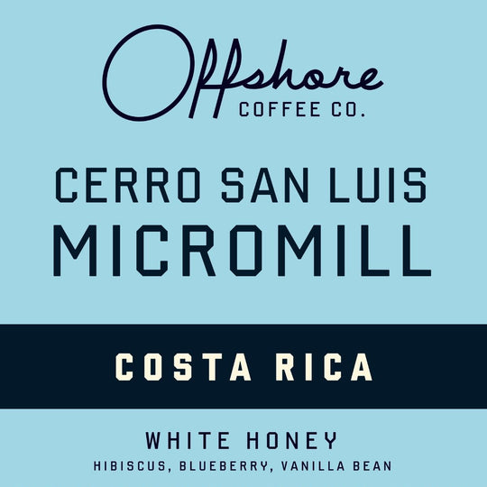 Offshore Coffee Co. label for Cerro San Luis Micromill from Costa Rica with flavor notes and color indicators.