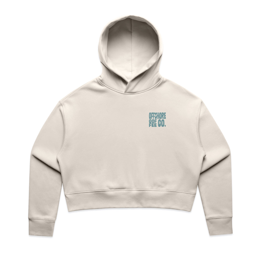 Endless Summer Cropped Hoodie in Bone, front, small Offshore Coffee Co. chest print