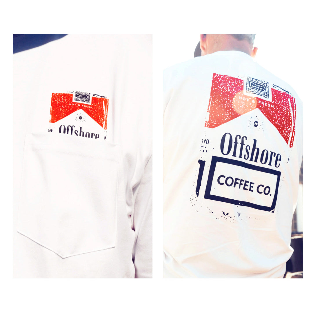 Cigs Tee in white worn outdoors, pocket print on the front and full pack print on the back