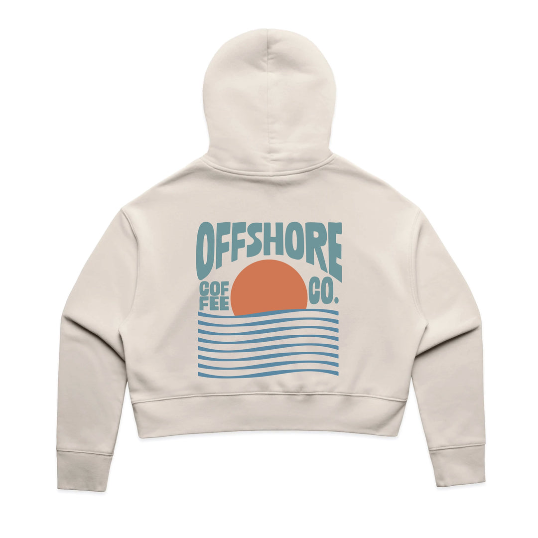 Endless Summer Cropped Hoodie in Bone, back, Offshore Coffee Co. sunset and waves print